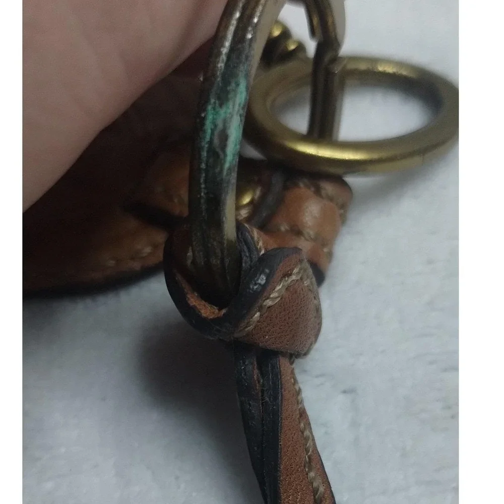 Fossil Brown Leather Oval‎ Logo Fob Brass Skeleton Key Bag Charm Keychain